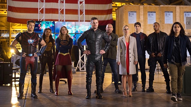 DC's Legends of Tomorrow --"Invasion!"-- Image LGN207c_0418.jpg -- Pictured (L-R): Nick Zano as Nate Heywood/Steel, Maisie Richardson- Sellers as Amaya Jiwe/Vixen, Melissa Benoist as Kara/Supergirl, Stephen Amell as Oliver Queen, Dominic Purcell as Mick Rory/Heat Wave, Emily Bett Rickards as Felicity Smoak, Brandon Routh as Ray Palmer/Atom, David Ramsey as John Diggle and  Carlos Valdes as Cisco Ramon -- Photo: Diyah Pera/The CW -- ÃÂ© 2016 The CW Network, LLC. All Rights Reserved.
