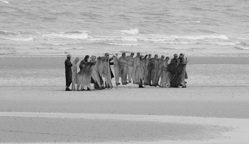 Filming takes place on the Christopher Nolan directed war movie 'Dunkirk' in the exact spot where, 76 years ago to this week, 100,000 soldiers were evacuated. During filming a number of locals were stopped from entering the beach with one person in a land yacht coming very close to driving straight across the set. Three warships circled off the coast adding to the war-like atmosphere while cast members held up cutouts of soldiers to create the illusion of more people in battle. Featuring: Atmosphere Where: Dunkirk, France When: 23 May 2016 Credit: WENN.com